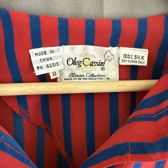 Oleg Cassini Vintage Red and Blue Striped Silk Long Sleeve Button Up‎ Top Size 8 - Picture 2 of 16